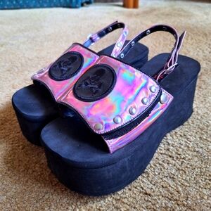 Demonia Holographic Pink Platform Sandals with Black Soles